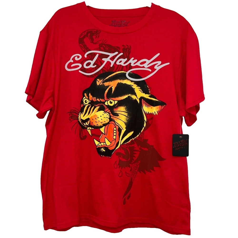 Ed Hardy Mens T-Shirt Large Panther Head Snake Red Y2K Tee Short Sleeve NEW